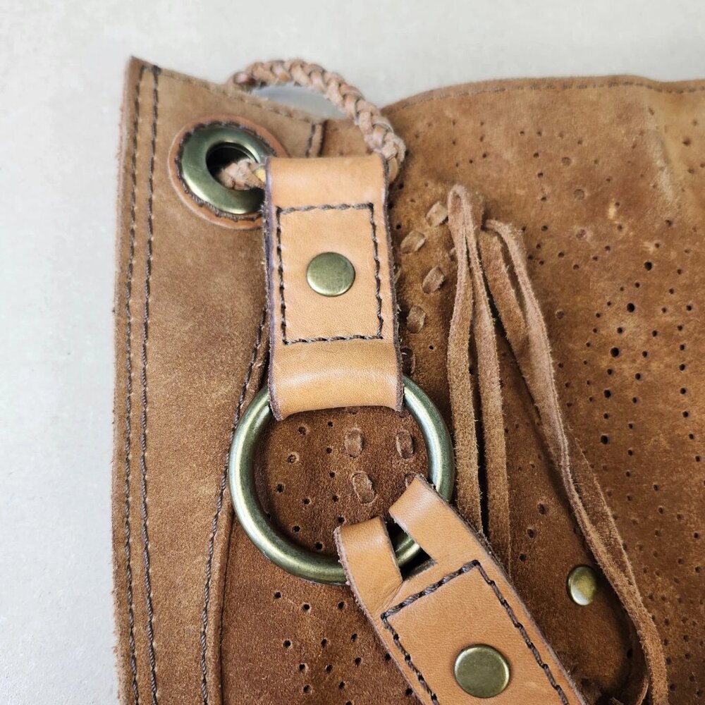 Lucky Brand Suede Hobo w/Fringe Brass Hardware Boho 13x16 Large - Picture 14 of 16